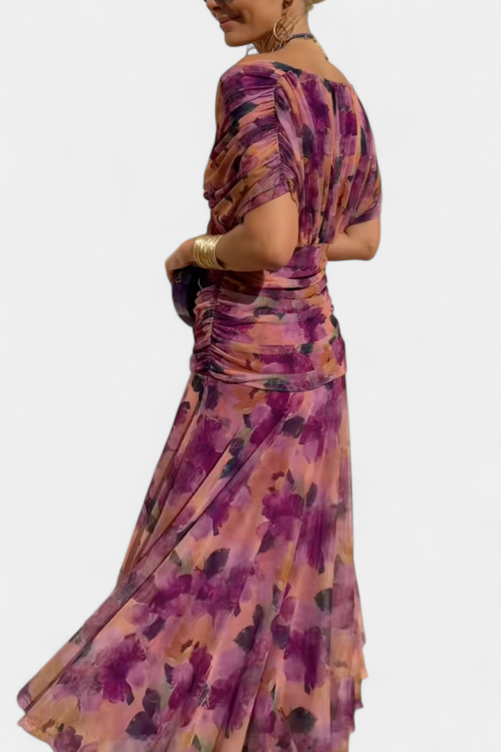 Chic women's off-shoulder twist-front midi dress, ruched for a flattering fit.