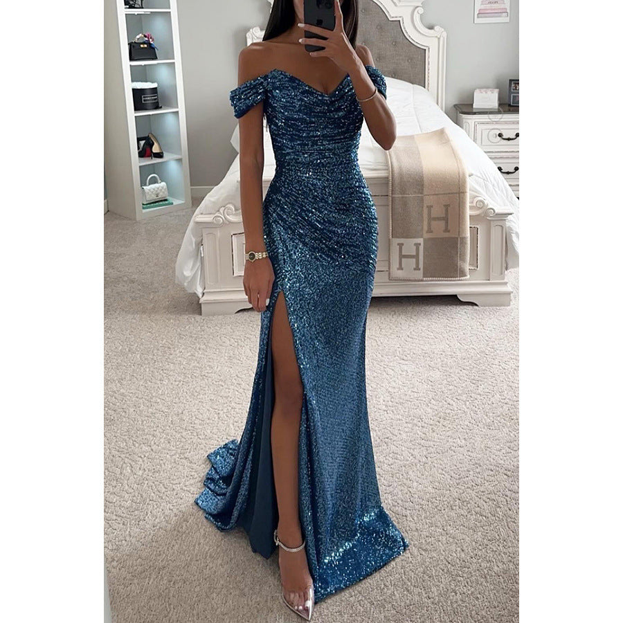 Versatile off-shoulder sequin maxi dress. Elegant formal gown for prom, galas, wedding guests & evening wear.