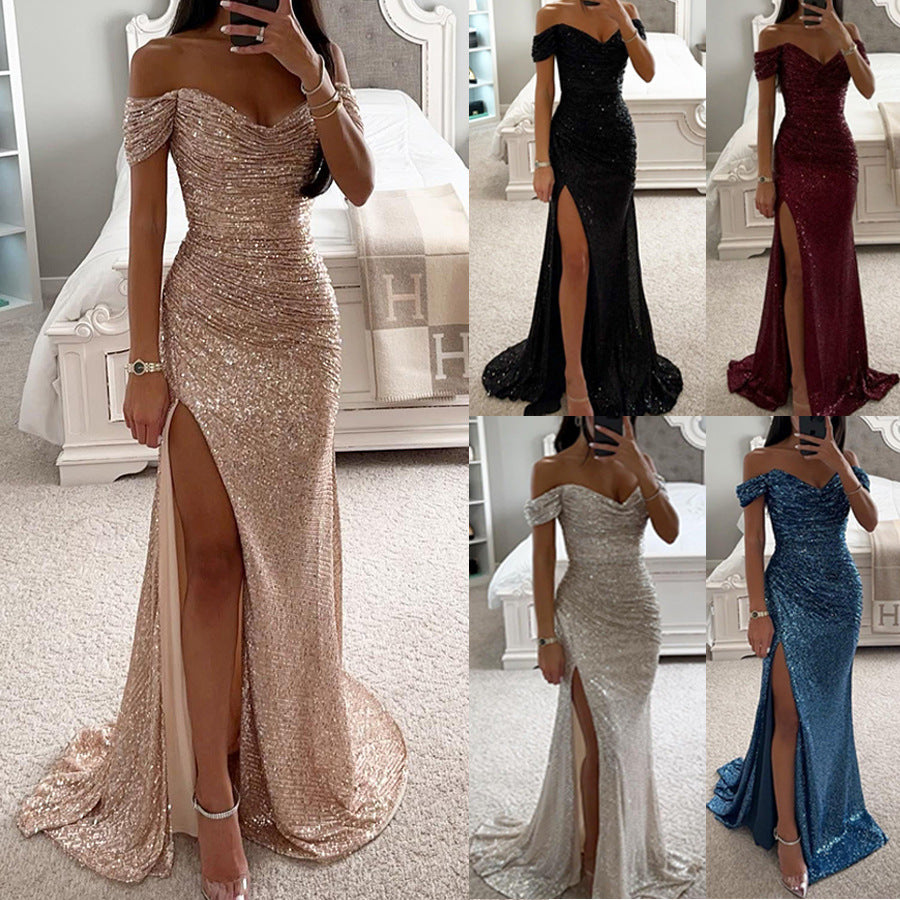 Women's elegant off-shoulder sequin maxi dress. A stunning formal evening gown perfect for any special occasion.