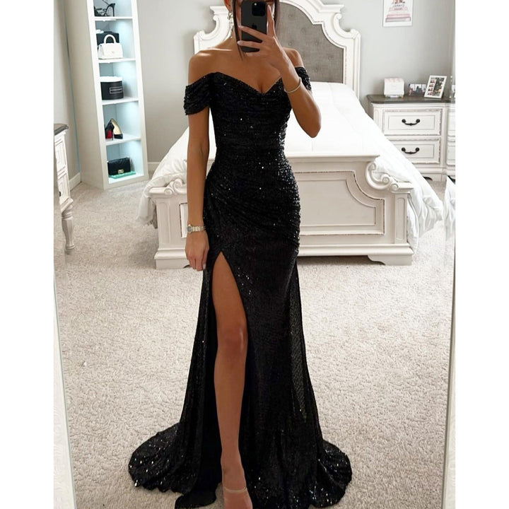 Glamorous off-shoulder sequin evening maxi dress for women. Ideal for prom, red carpet & special occasions.