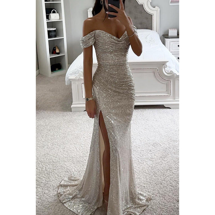 Stunning women's off-shoulder sequin gown. Elegant bodycon maxi dress for formal events and wedding guests.