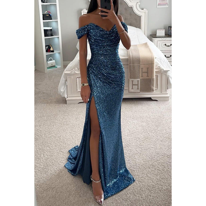 Sparkling off-shoulder sequin evening gown. Glamorous maxi dress for galas, proms, and red carpet events.