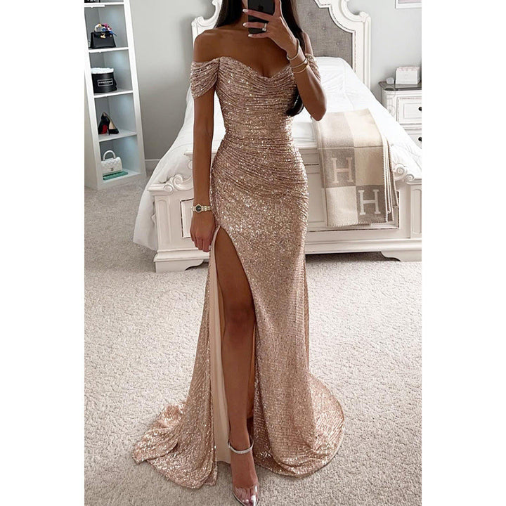 All-over sequin off-shoulder maxi dress for women. Elegant formal gown for evening parties & special events.