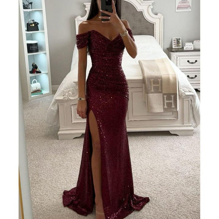 Elegant off-shoulder sequin formal gown. Women's maxi dress perfect for glamorous evening events & parties.