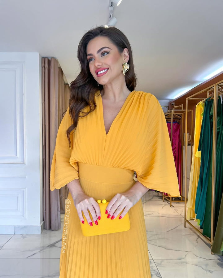 Graceful women's pleated batwing sleeve maxi dress. Flowy silhouette, perfect for wedding guests & formal evening events.