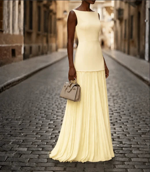 Chic boat neck pleated maxi dress for women, a sleeveless elegant evening gown ideal for special occasions.