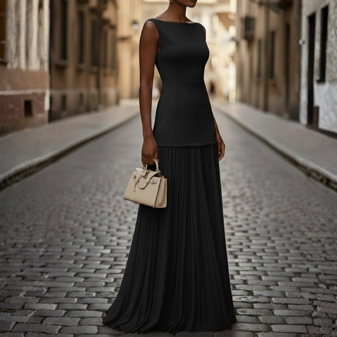 Graceful women's boat neck pleated maxi dress, sleeveless, an elegant choice for formal events & parties.