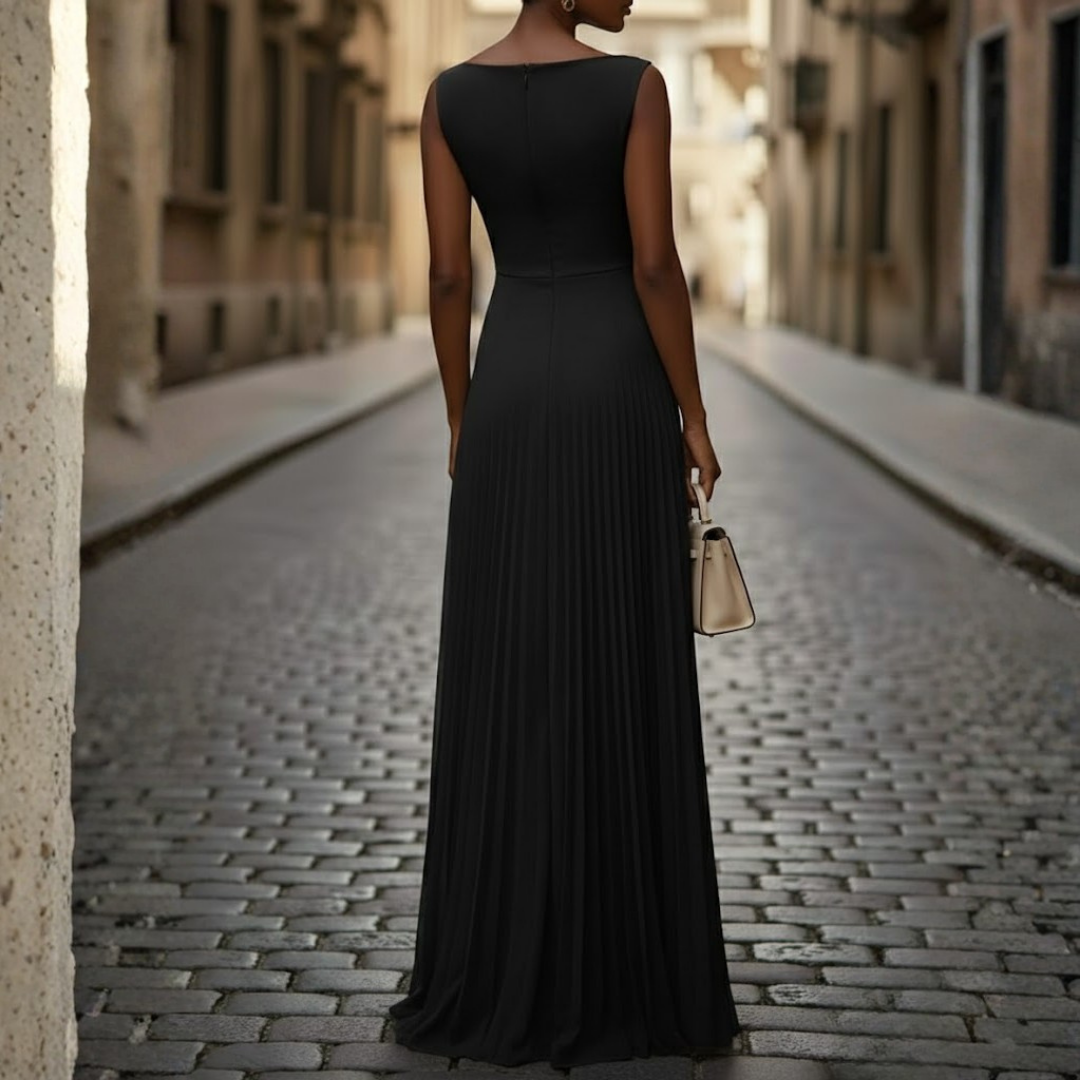 Versatile women's sleeveless pleated maxi dress with boat neck, perfect as a summer dress or evening gown.
