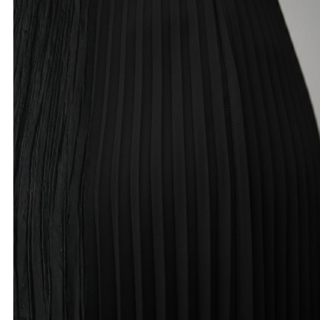 Formal women's elegant pleated maxi dress, boat neck & sleeveless, ideal for special occasion evenings.