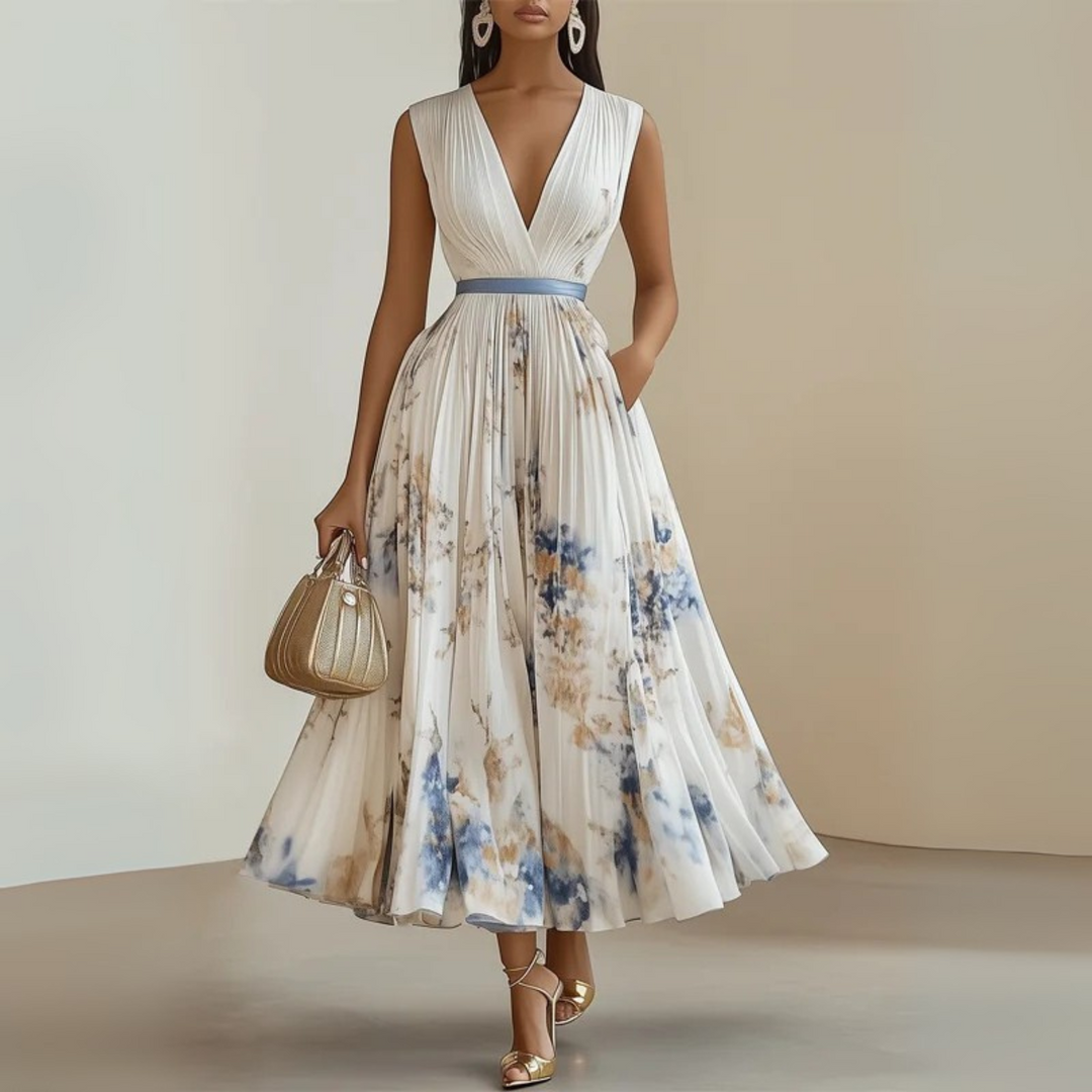 Sophisticated women's pleated V-neck maxi dress with a flattering cinched waist and functional pockets. Chic for formal events.