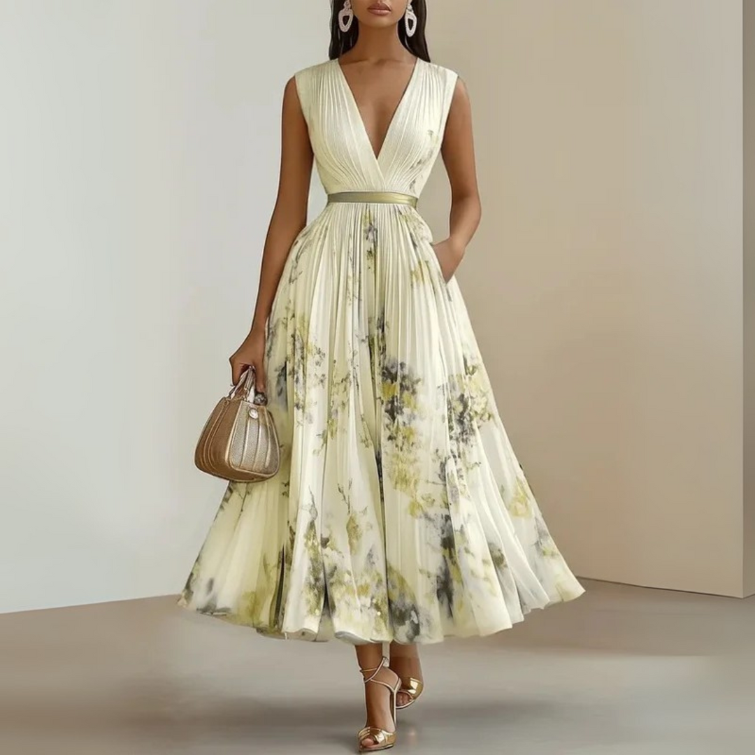 Comfortable women's summer maxi dress. Pleated V-neck, cinched waist, and useful pockets. Great for any occasion.