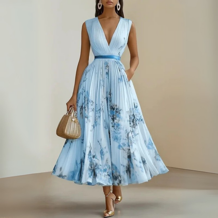 Flattering women's pleated V-neck maxi dress with a cinched waist, enhancing your silhouette. Elegant formal wear with pockets.