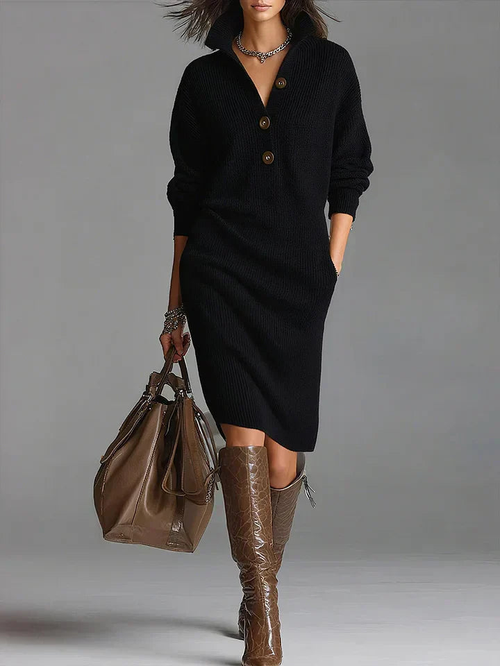 Women's elegant ribbed knit long sleeve midi sweater dress, cozy & chic for fall and winter fashion.