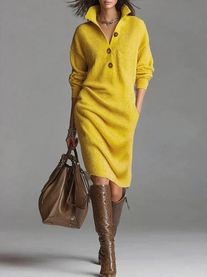 Women's sophisticated ribbed long sleeve midi sweater dress, a cozy and elegant choice for cold weather.