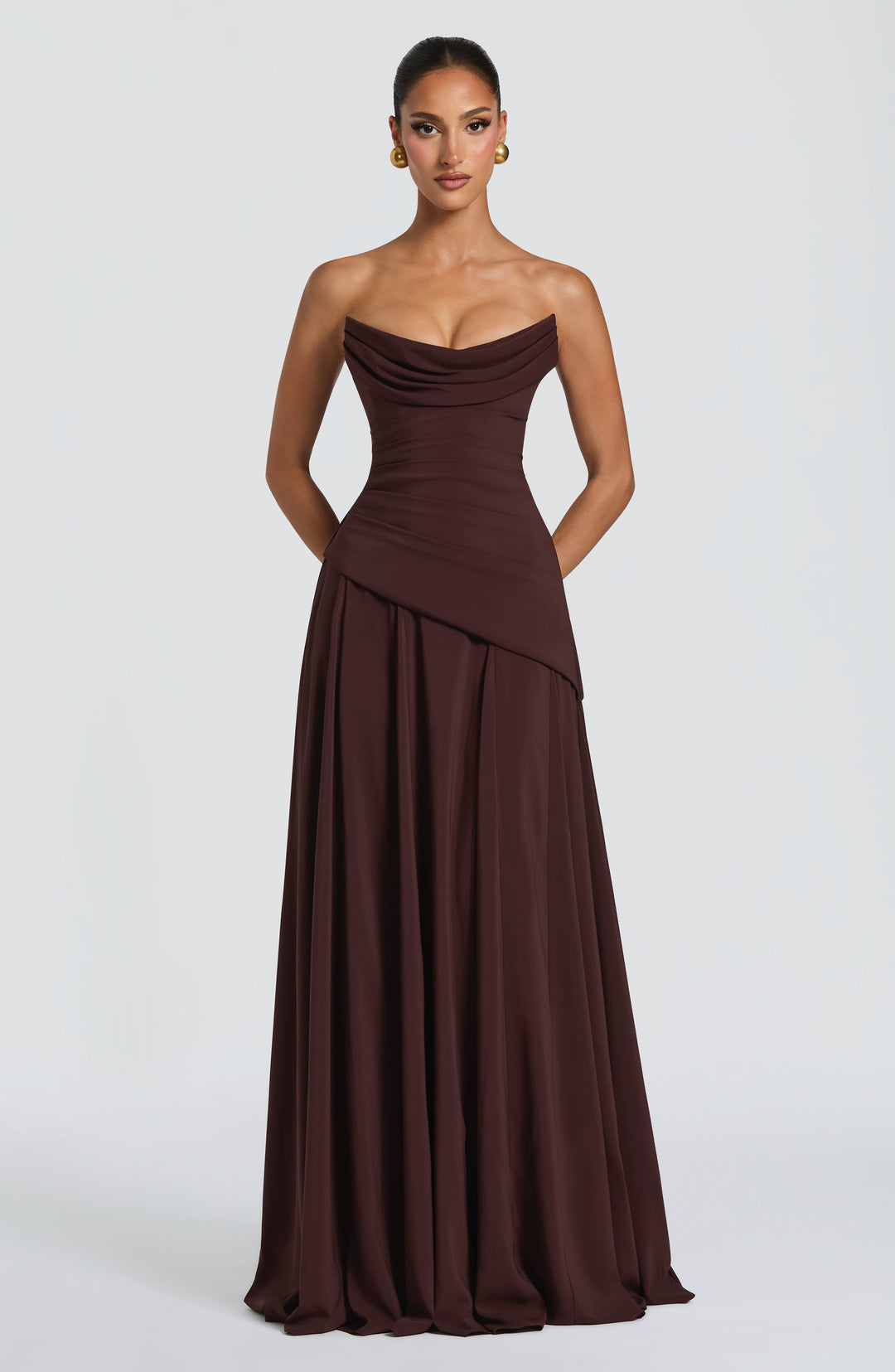 Women's sophisticated ruched halter neck maxi gown. Perfect party dress for elegant formal events.