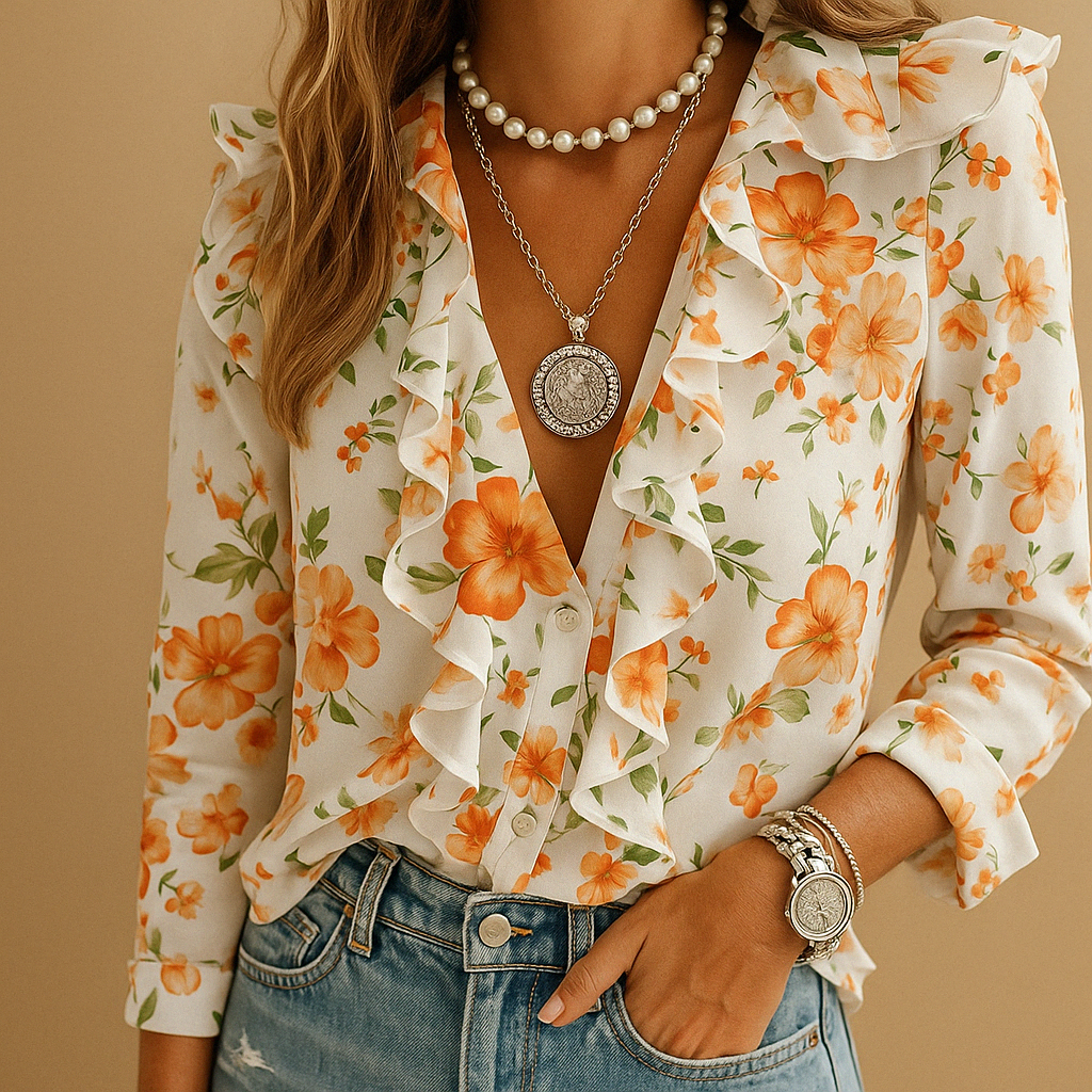 Women's elegant ruffle blouse with intricate butterfly print, long sleeves.