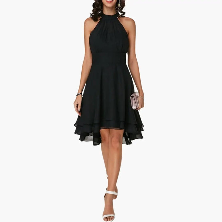Women's elegant ruffle sleeveless dress, round neck, knee-length for versatile summer fashion.
