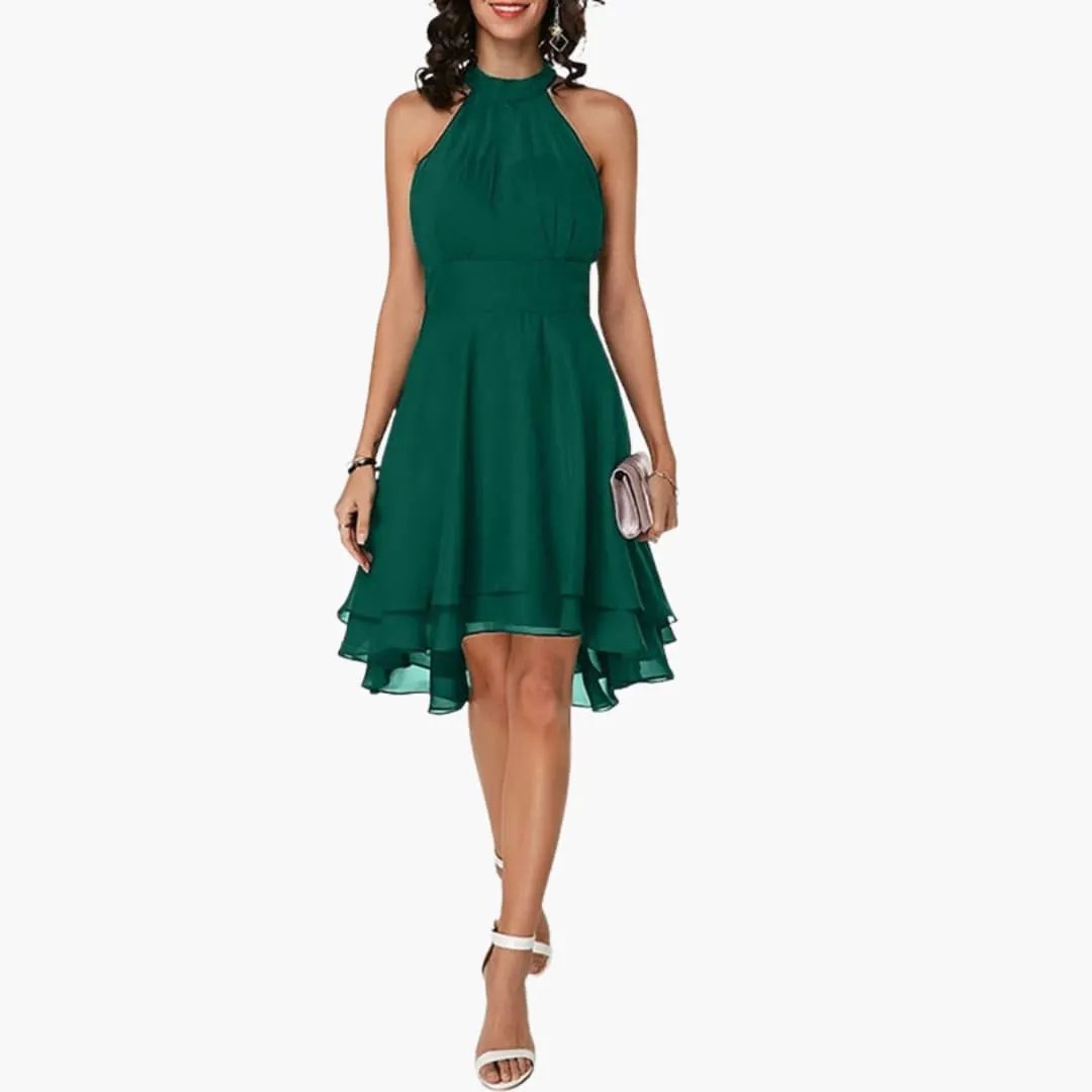 Knee-length women's ruffle dress with a chic round neck and sleeveless design, ideal for any occasion.