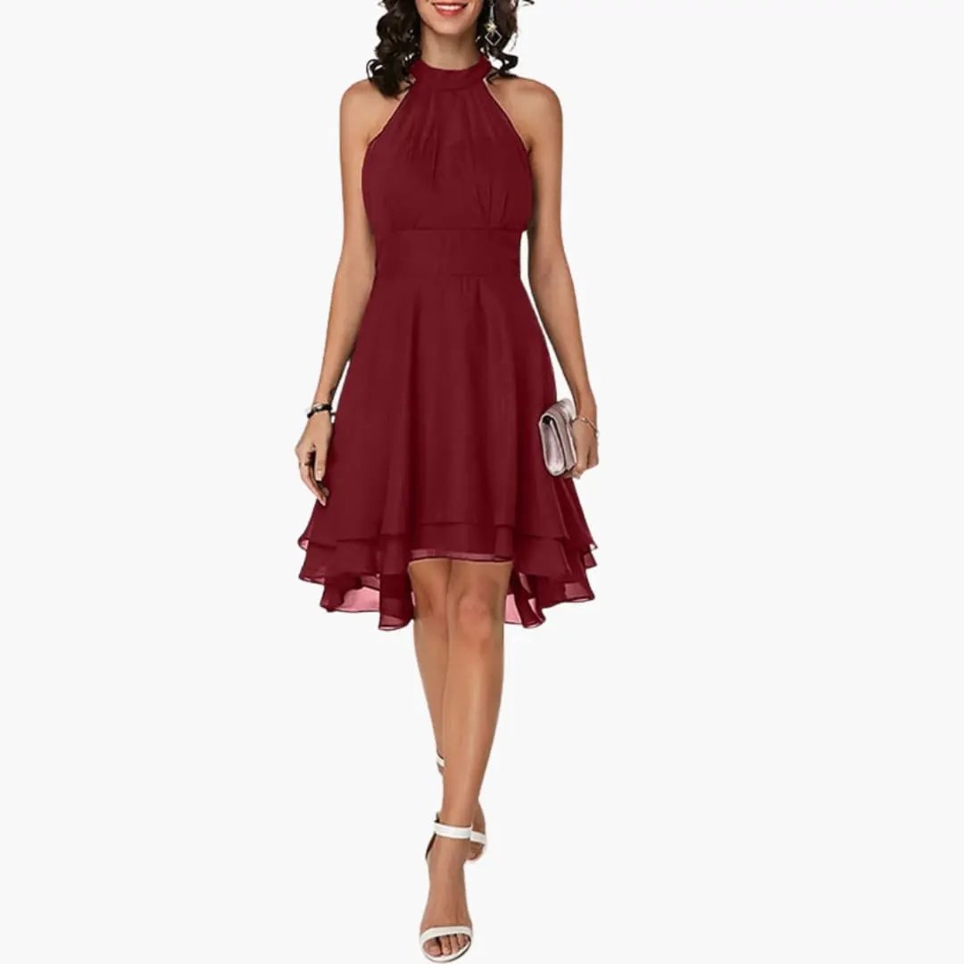 Elegant women's round neck ruffle dress, sleeveless and knee-length, offering a sophisticated look.