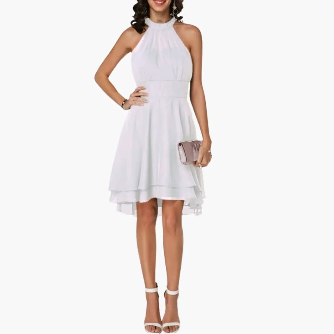 Versatile women's knee-length ruffle sleeveless dress, round neck, suitable for day wear or parties.