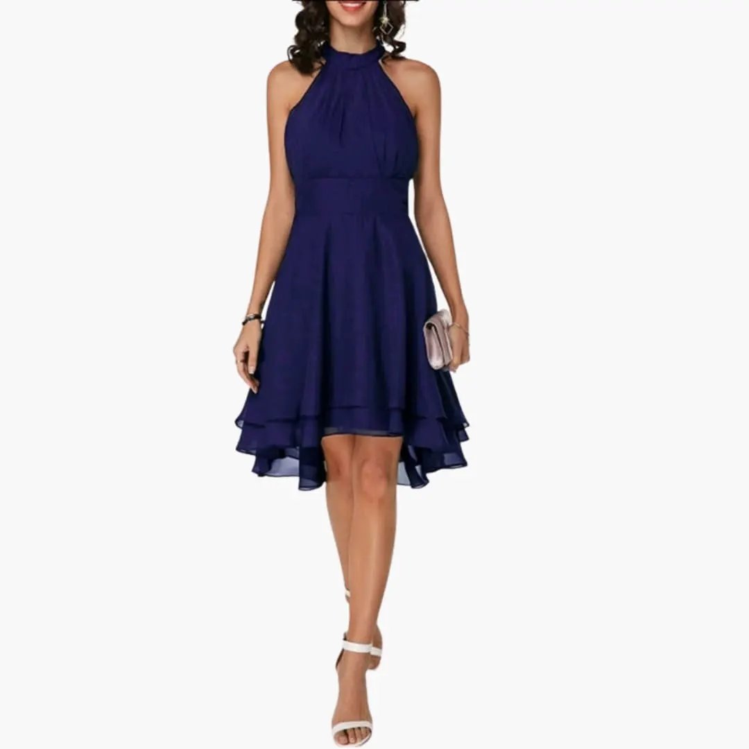 Women's flattering ruffle sleeveless dress, elegant knee-length design with a classic round neck.