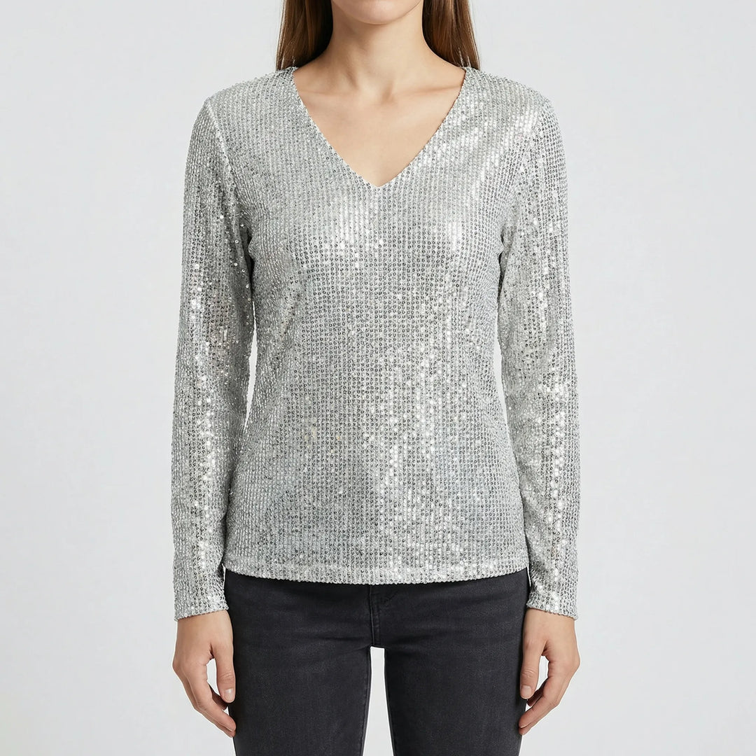 Sophisticated ladies shimmer V-neck long-sleeve top, perfect elegant party wear.