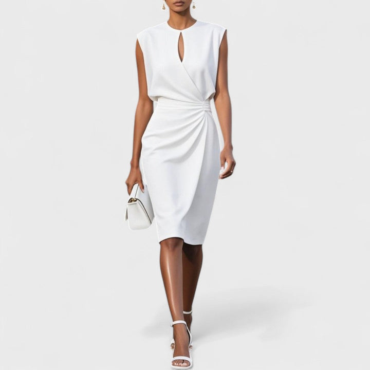 Sophisticated women's pleated midi dress, featuring a sleeveless top & chic cutout, ideal for evening wear.