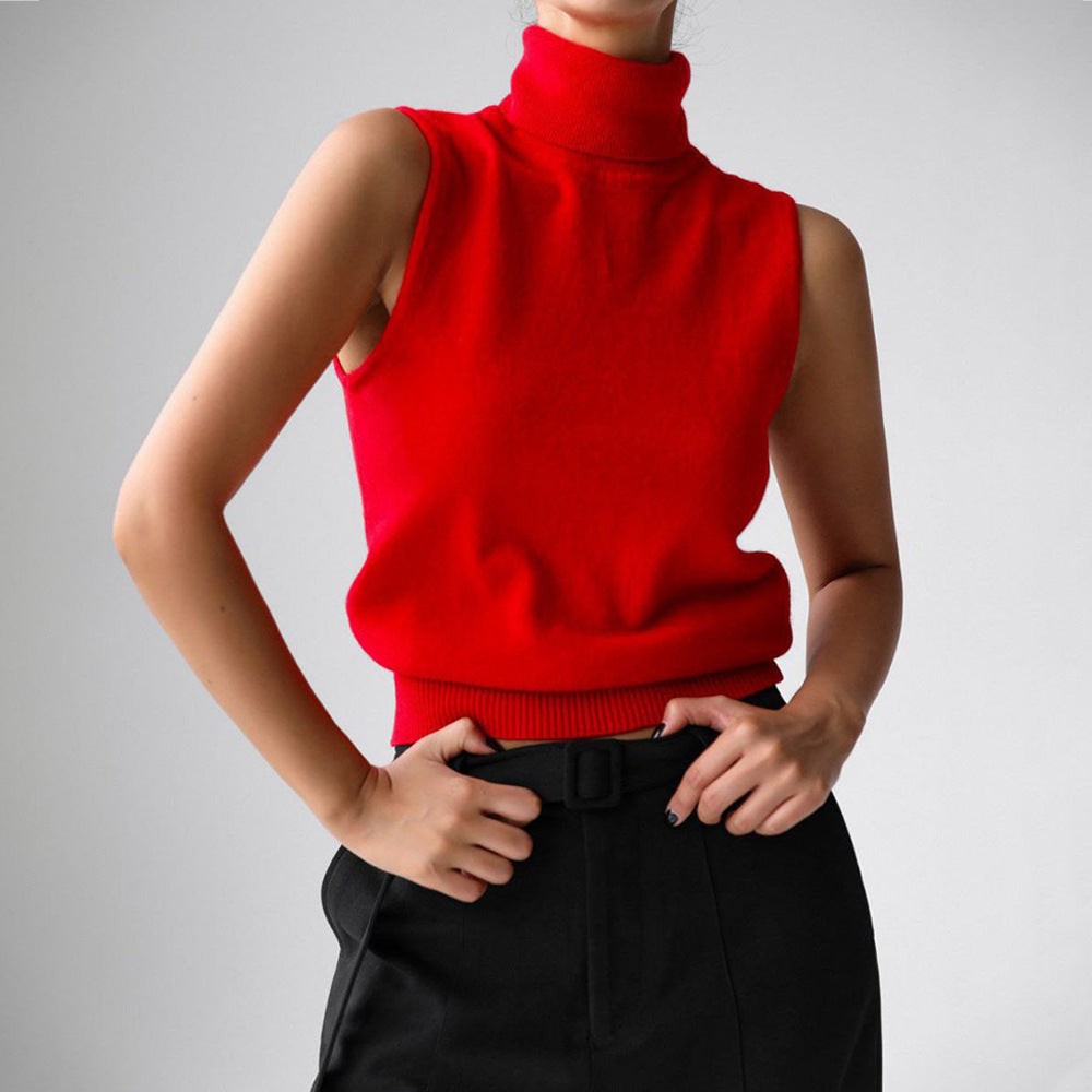 Versatile women's sleeveless mock neck knit top, perfect for casual or dressy wear.