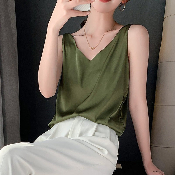 Soft, relaxed fit women's sleeveless tank top, offering elegant comfort for casual everyday wear.