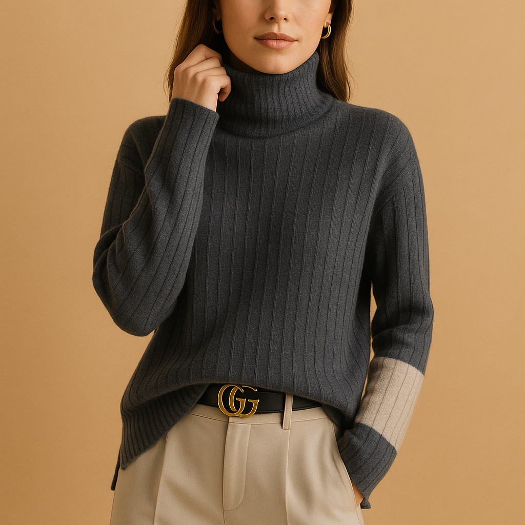 Comfortable women's warm turtleneck sweater. Slim-fit long-sleeve knit for elegant fall/winter casual & work wear.