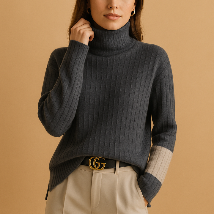 Comfortable women's warm turtleneck sweater. Slim-fit long-sleeve knit for elegant fall/winter casual & work wear.