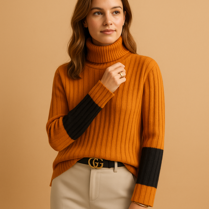 Women's warm slim-fit turtleneck sweater. Classic long-sleeve knit top, essential for fall & winter style.