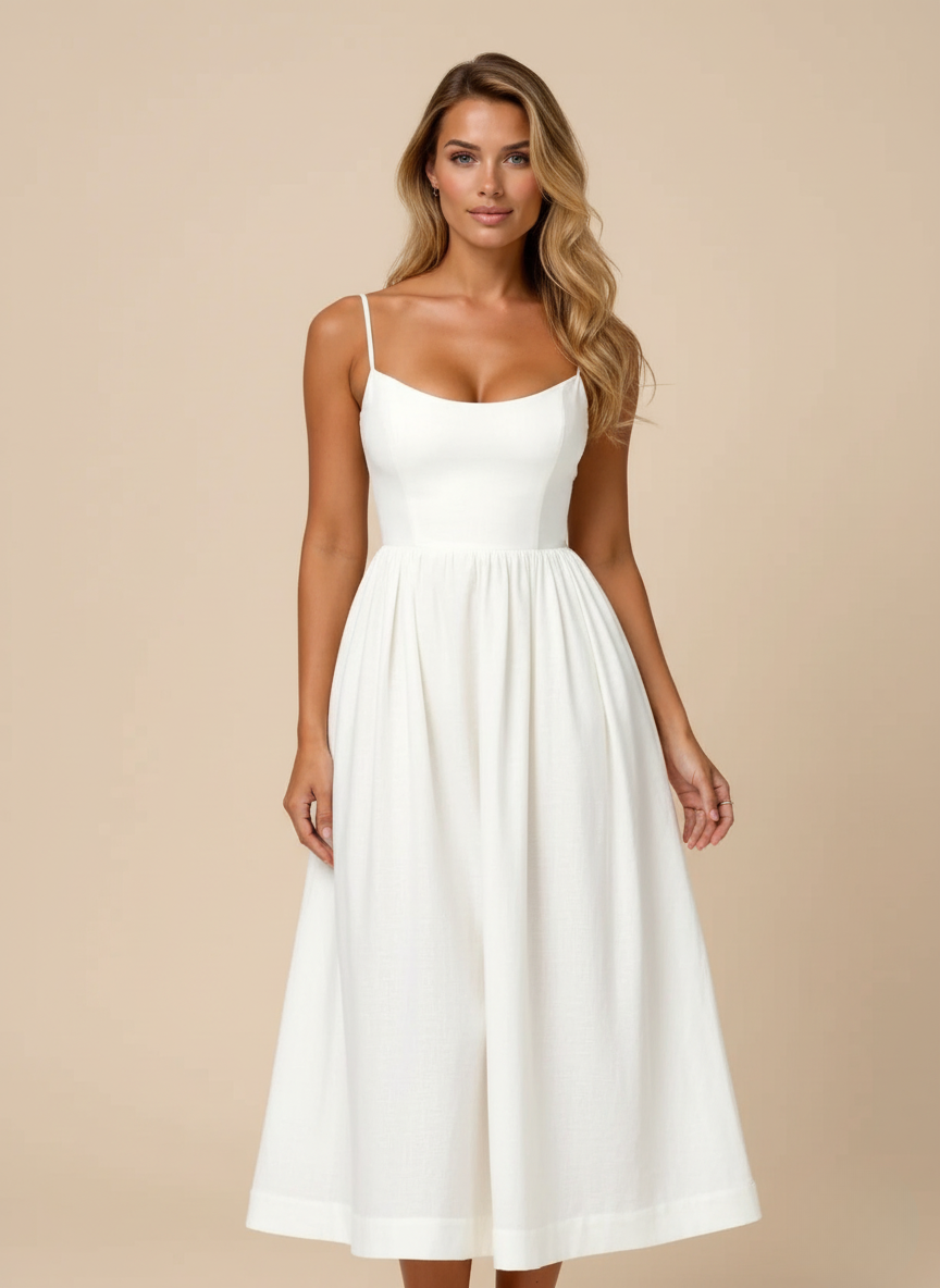 Women's elegant spaghetti strap scoop neck fit & flare midi dress, perfect for summer events.