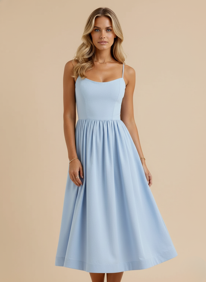 Comfortable women's casual midi dress, fit & flare design, with spaghetti straps and a flattering scoop neck.