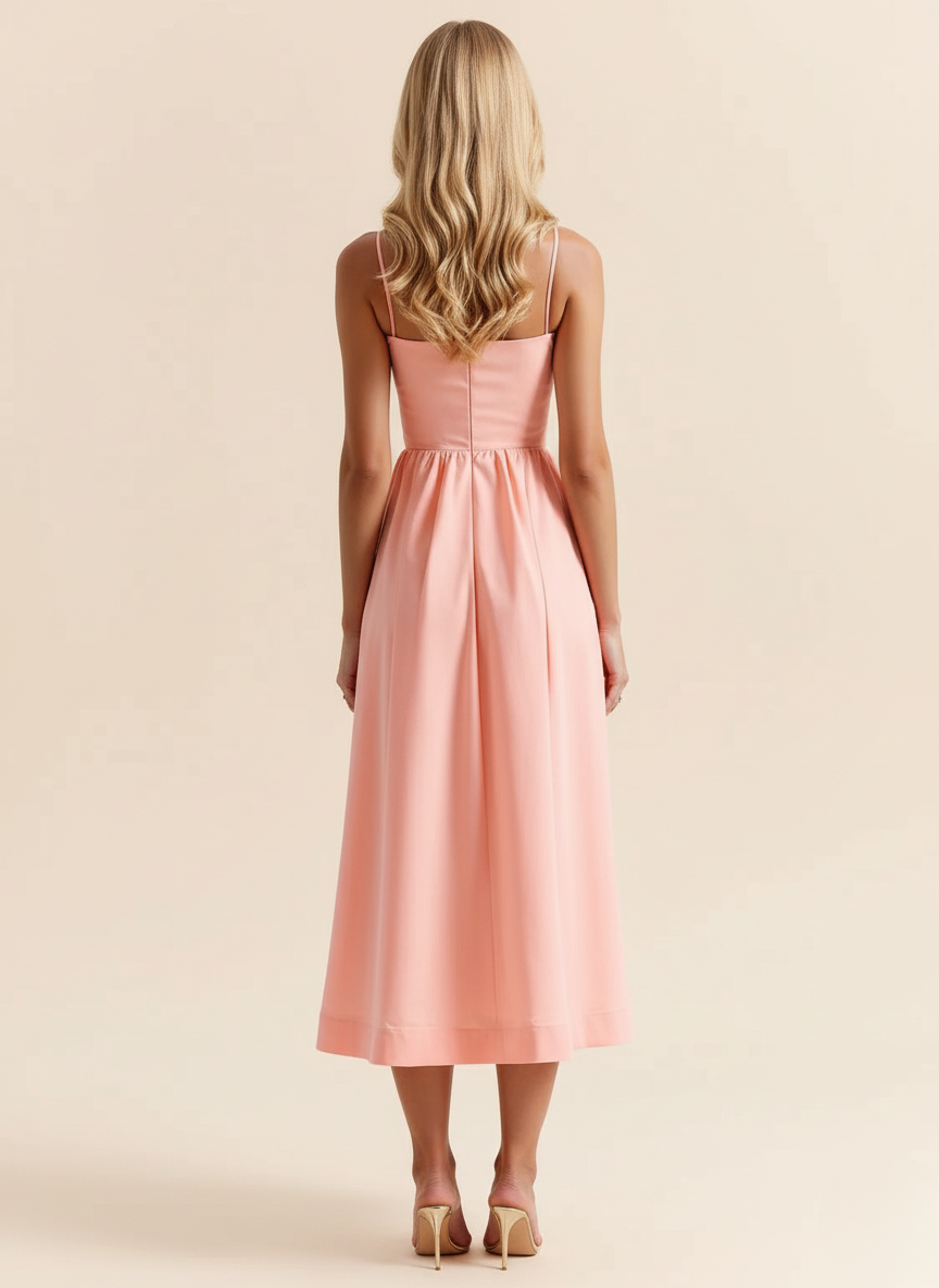 Flowing women's spaghetti strap midi dress, fit & flare style, with a comfortable scoop neck for summer.