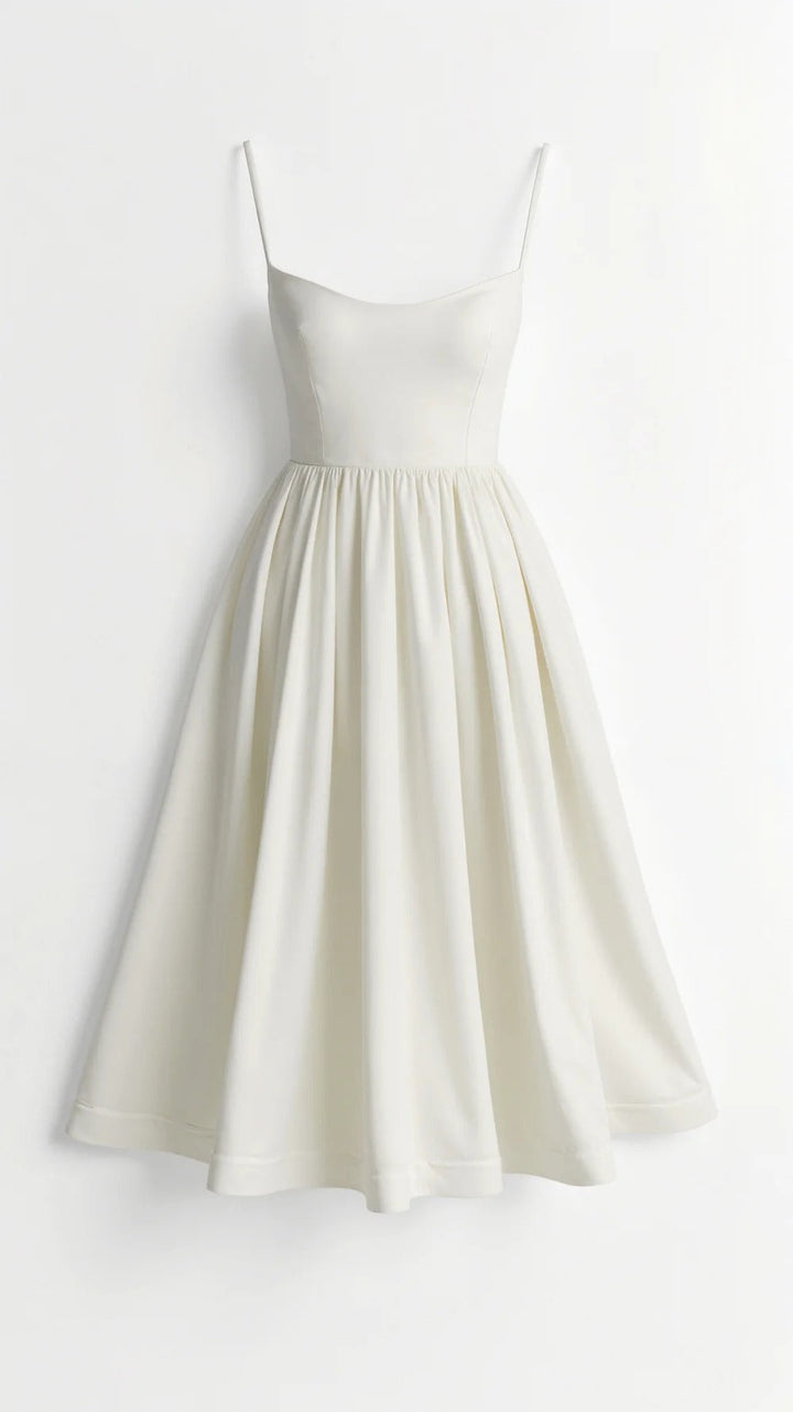 Sophisticated women's occasion midi dress, fit & flare, elegant spaghetti straps, and a stylish scoop neck.
