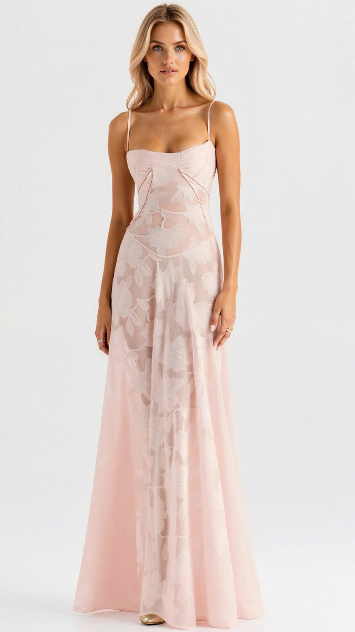 Sophisticated women's party dress, an elegant strap maxi gown for formal evenings.