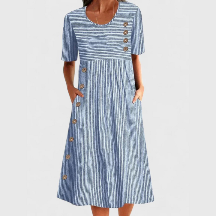 Women's elegant striped midi dress with classic button details & 3/4 sleeves. Flattering fit for summer.