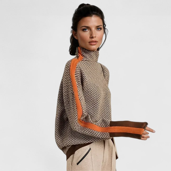 Women's elegant striped sweater with a high collar, perfect for sophisticated autumn and winter fashion.