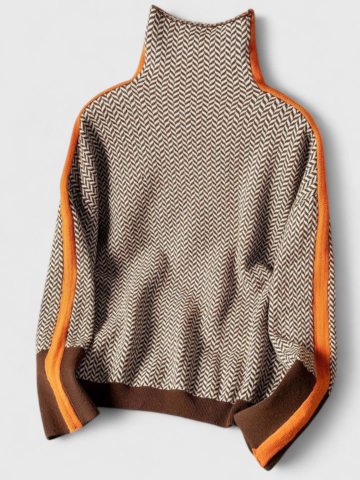 Elegant women's striped sweater, a comfortable and warm sophisticated top for ladies' autumn fashion.