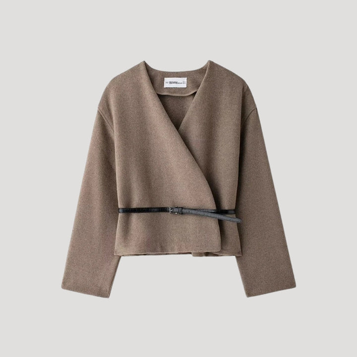 Women's elegant taupe belted wrap jacket, perfect lightweight outerwear for spring, front view
