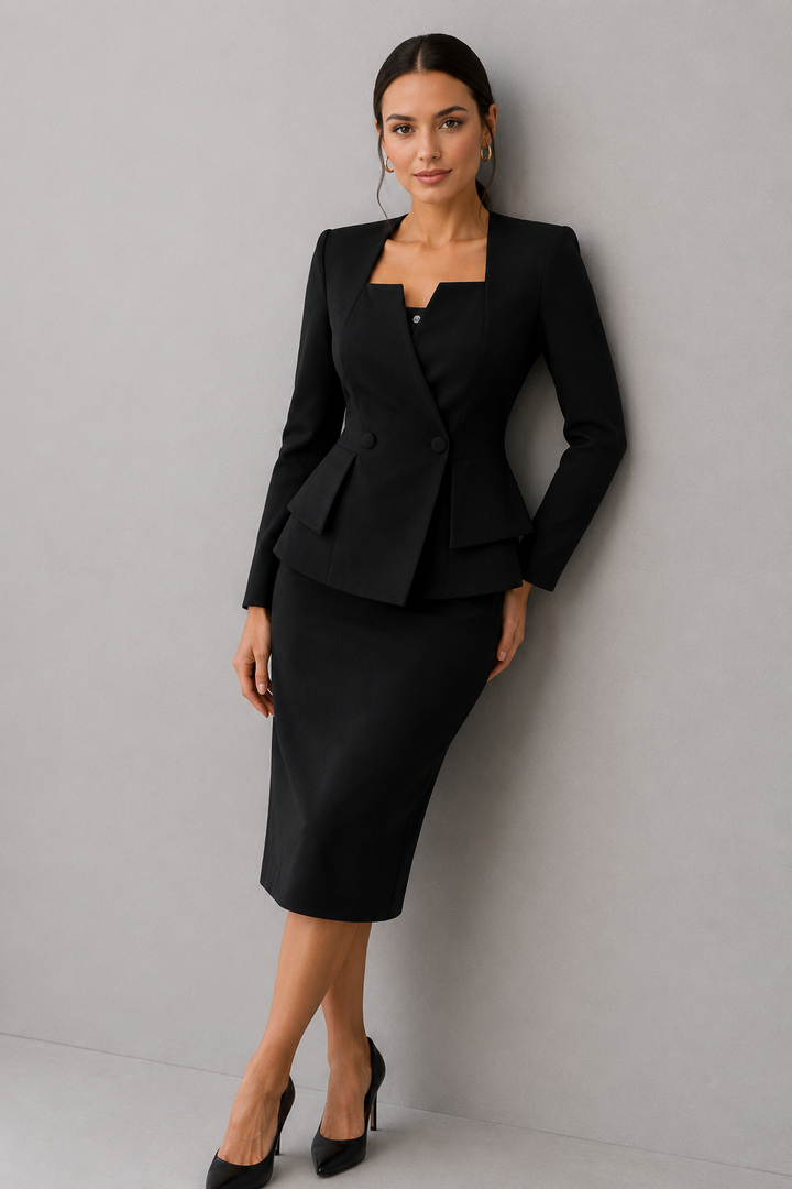 Professional women's matching skirt and jacket set, featuring a stylish tailored skirt for business casual attire.