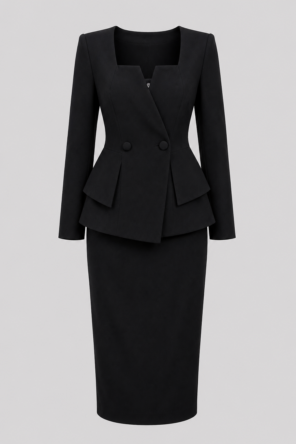 Fashionable women's matching two-piece set: a professional jacket and elegant skirt, ideal for office attire.