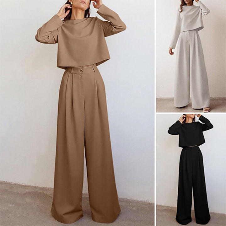 Women's two-piece cotton palazzo set with wide-leg pants & top for casual elegance.