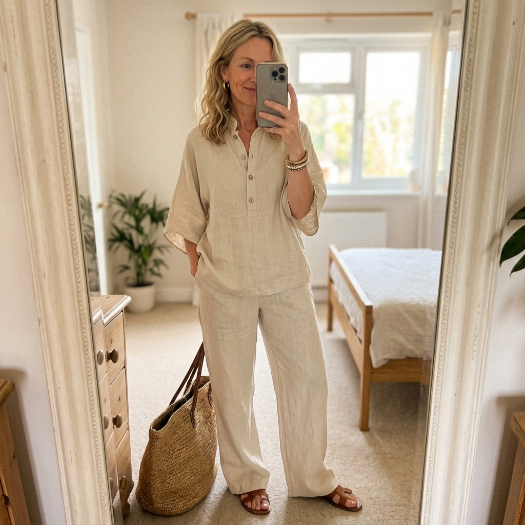 Women's elegant summer set: Kimono sleeve top with a mandarin collar & stylish wide leg pants.