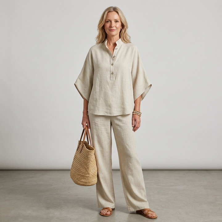 Versatile women's set: Kimono sleeve top & wide leg pants, perfect for casual or elegant occasions.