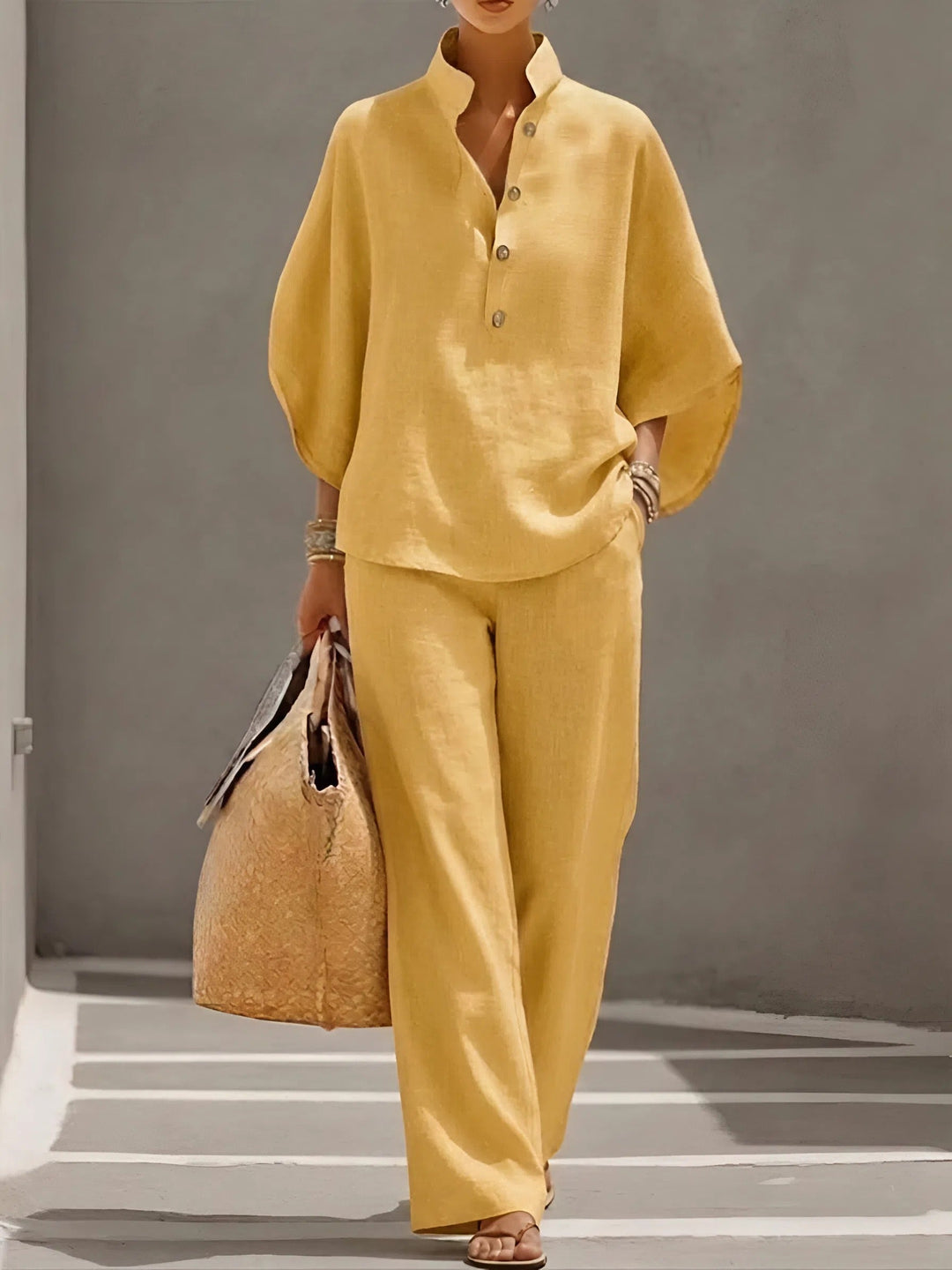 Women's fashion two-piece set: Kimono sleeve top, mandarin collar, and wide leg pants for summer.