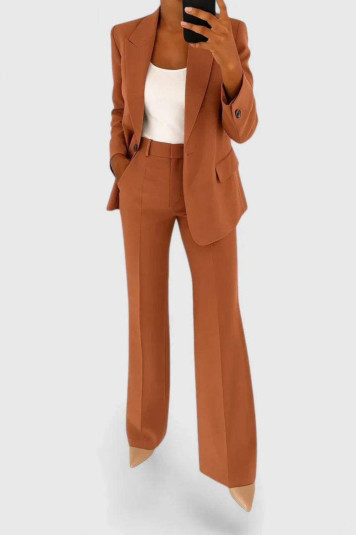 Tailored women's elegant two-piece suit set, sharp professional look for business.