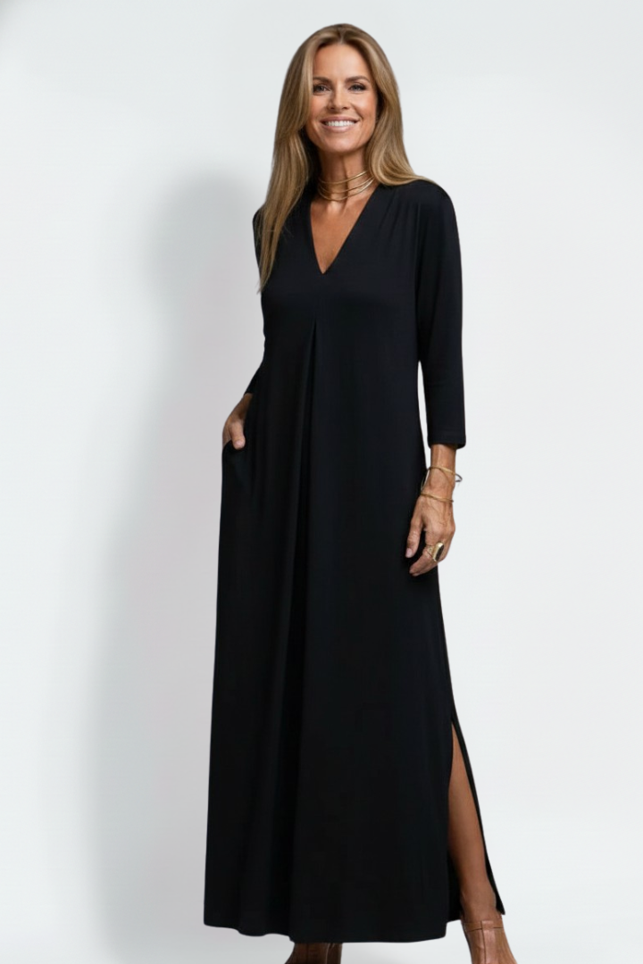 Everyday elegant women's V-neck maxi dress, a long flowy design with a sophisticated side slit.