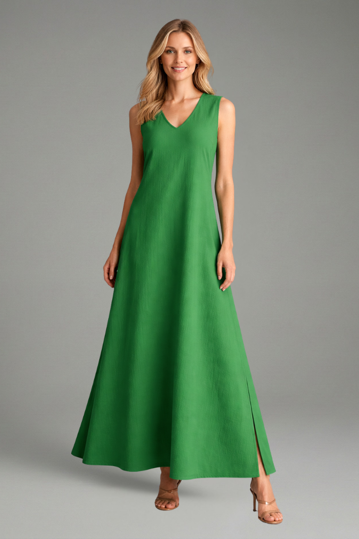 Sleeveless V-neck long dress for women, featuring a graceful side slit; ideal for casual chic looks.